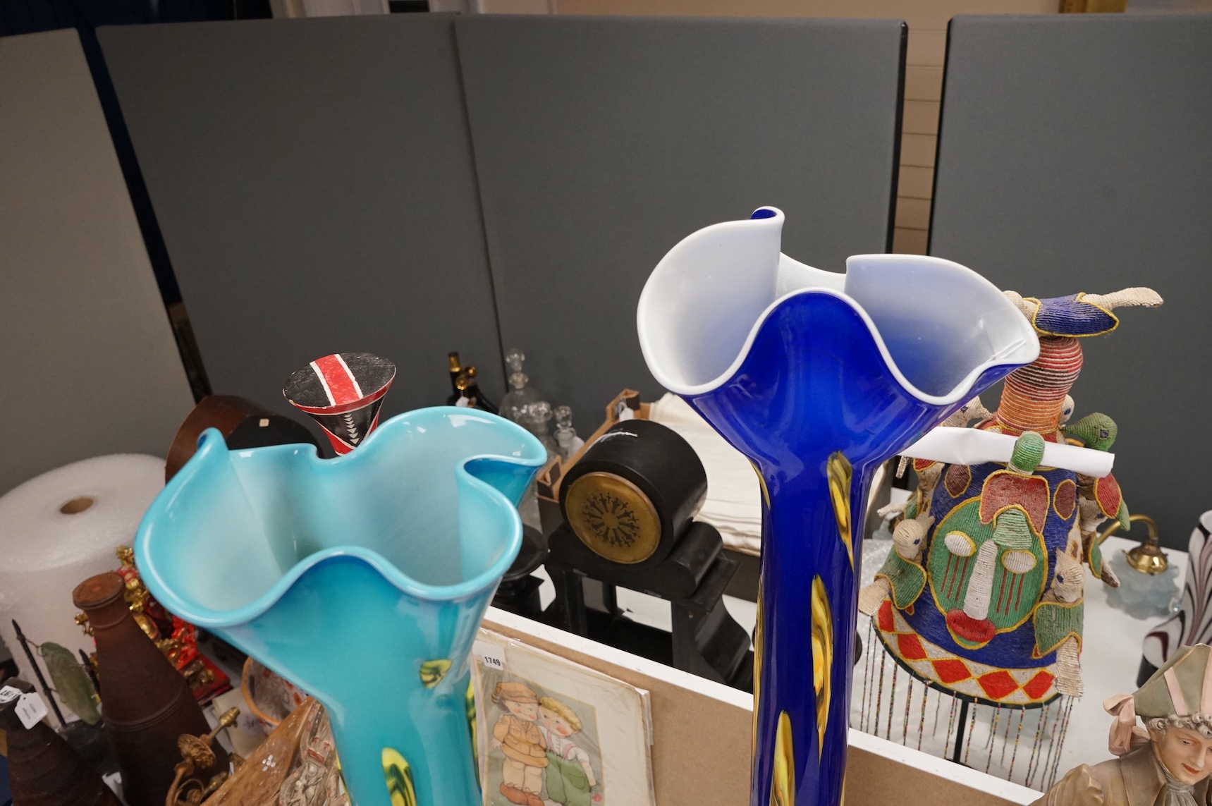 Two large blue and yellow Murano glass vases, 95cm